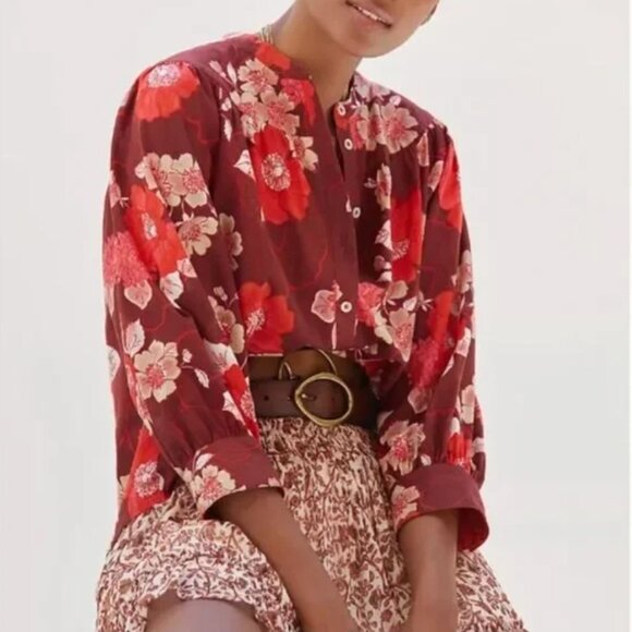 Anthropologie Porridge Floral Puff-Sleeved Button Down Top - Picture 1 of 11